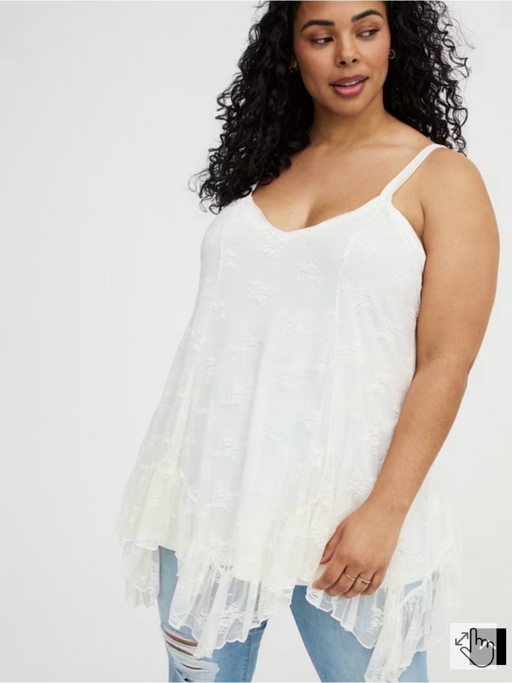 torrid White Lace-Trim V-Neck Handkerchief Hem Tank